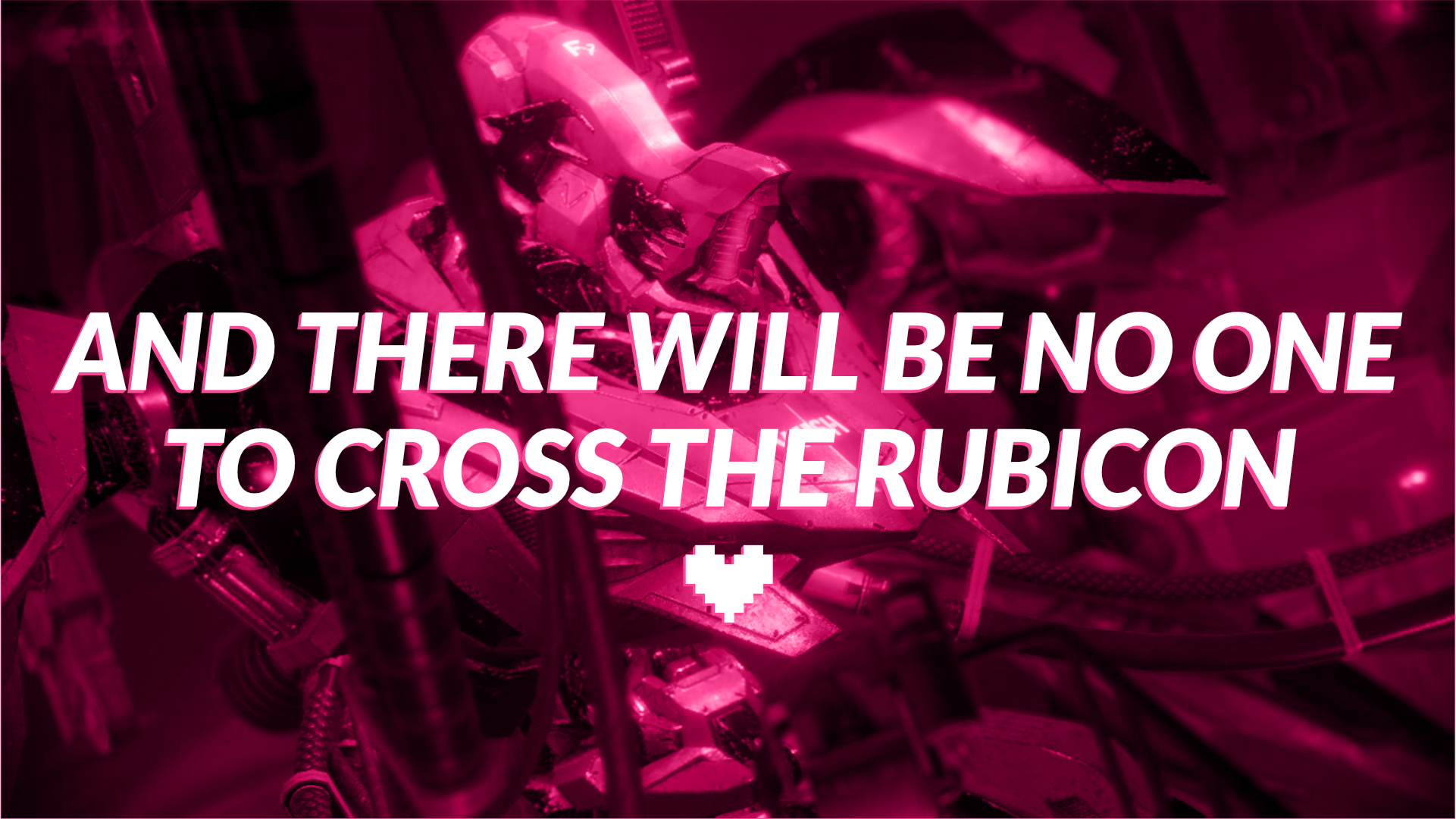 A humanoid mech docked against large metal hardware supports with many large cables strewn about. The title of the essay is centered over it.