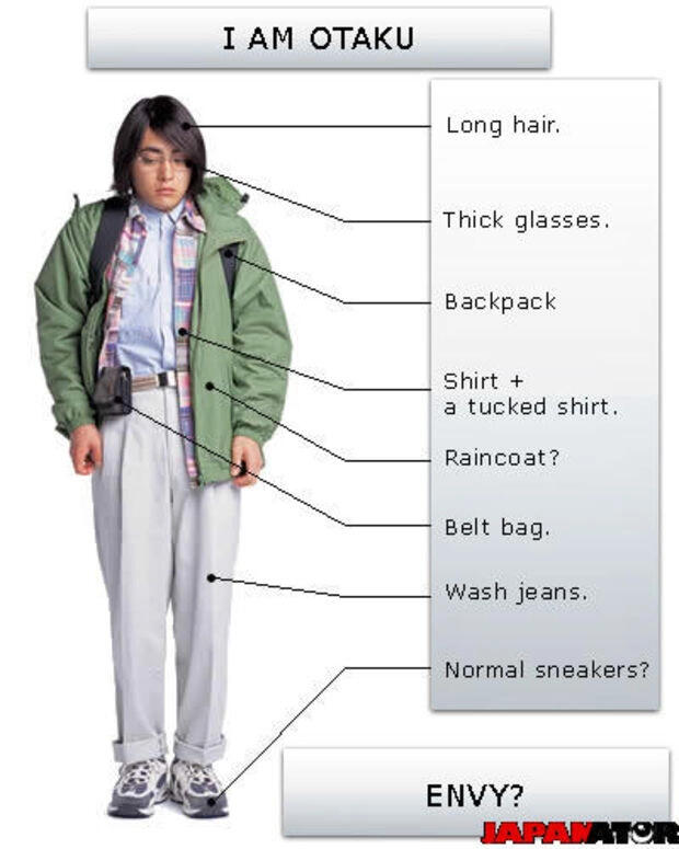 An individual with lines to labels drawn to itemize their outfit like an anatomical chart. The top of the image reads “I AM OTAKU”
